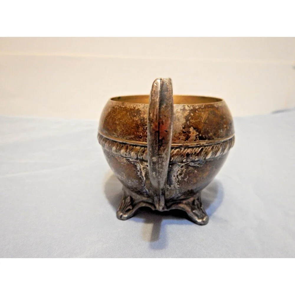 Antique Silverplate Sugar Bowl Twin Handle Footed Gadroon Border Scroll Feet
